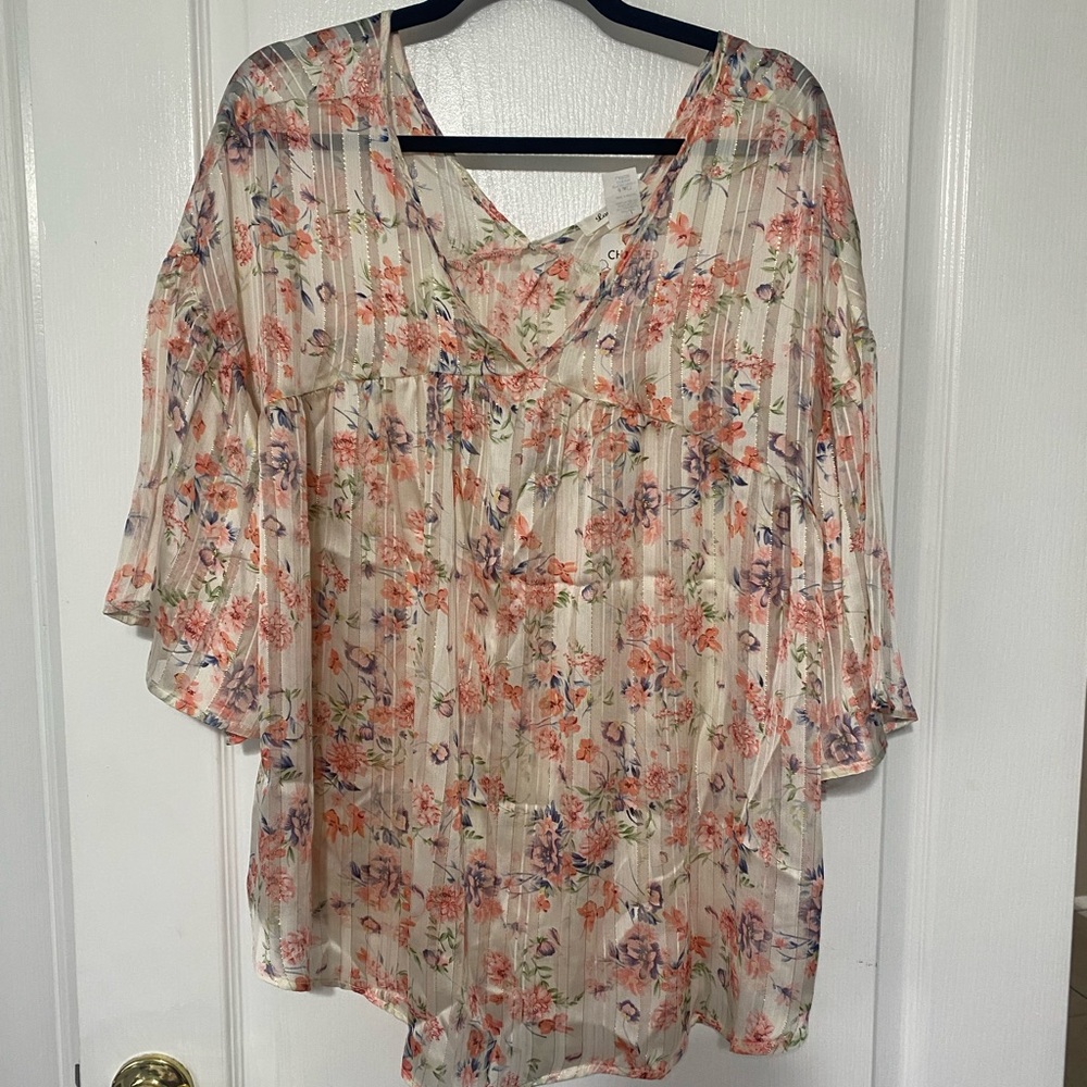 Lovely J NWT Womens Large Floral Blouse Metallic Stripe Bell Sleeve Boho - Picture 2 of 4
